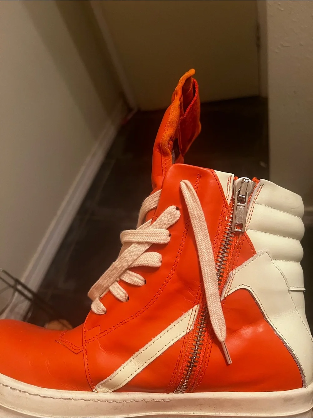 Rick Owens Orange and White High-Top Sneakers